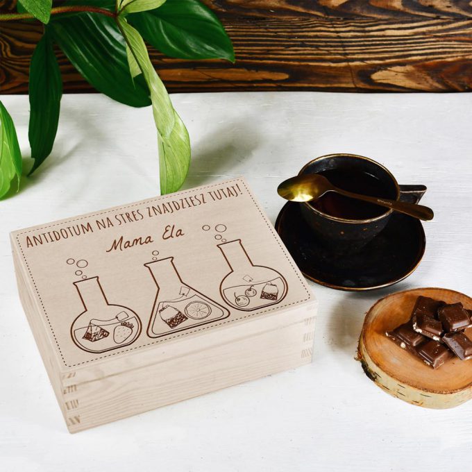 Personalizowane drewniane pudełko na herbatę - Antidotum na stres Mamy